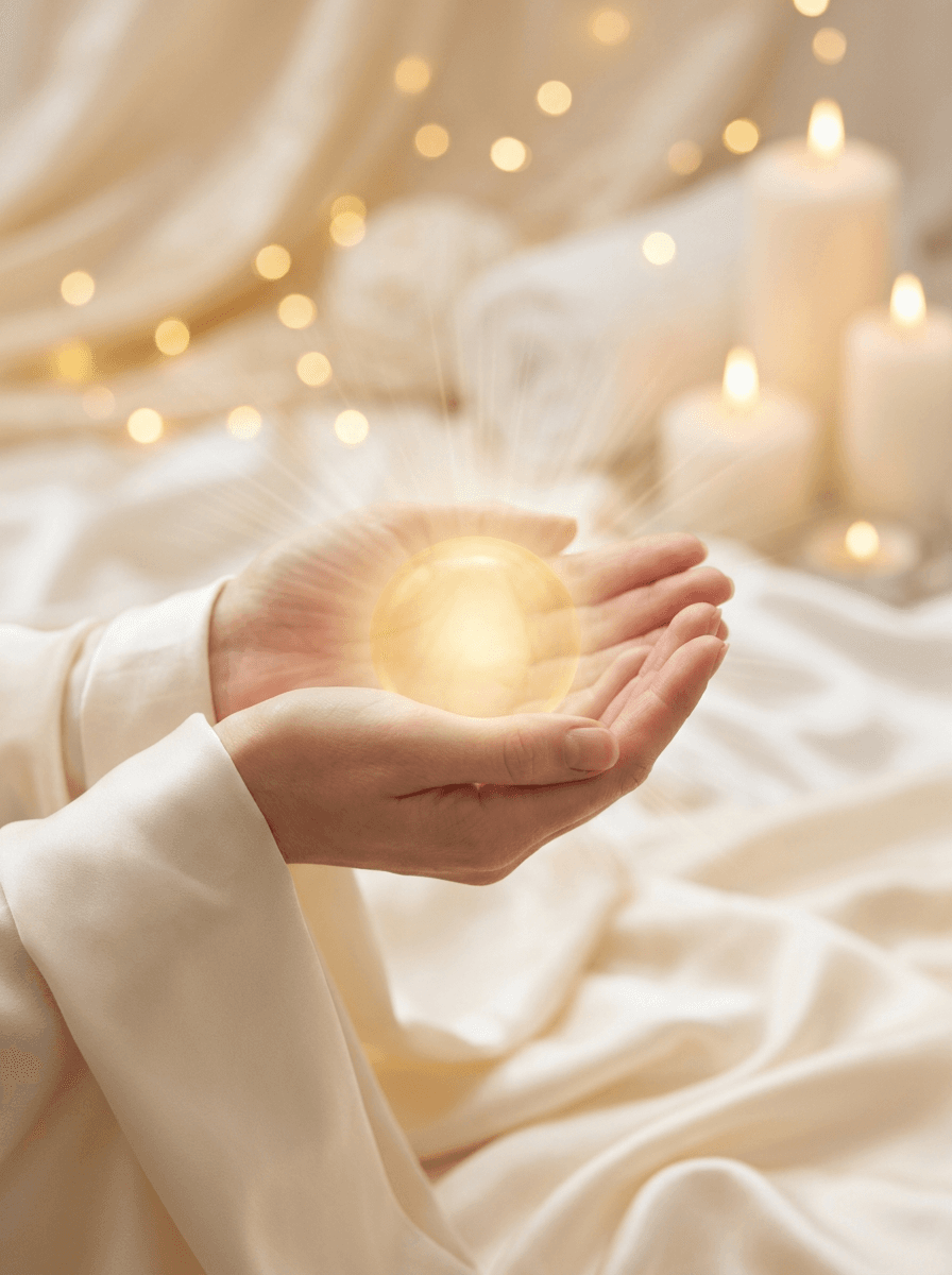 Händer som håller ett gyllene ljusklot under en Angel Healing-session
